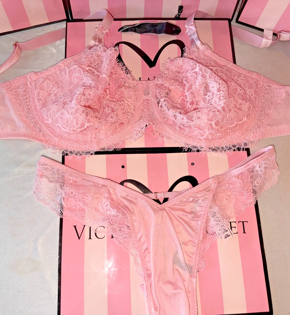 Victoria's Secret Unlined Bra Dream Angels 38DDD Large High Leg Thong Light Pink